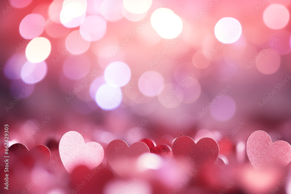 pink white and red background with bokeh lights and heart shape glitter on valentines with copy space. Abstract background holiday