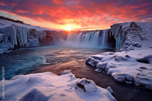 aerial view of Godafoss waterfall at sunset in winter, iceland photo