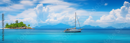 Boat in turquoise ocean water against blue sky with white clouds and tropical island. Natural landscape for summer vacation panaroma