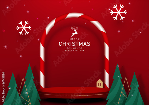 Stage podium Christmas product  festive. Red base, Candy arch shape, Tree, Snowflake. Vector illustration.