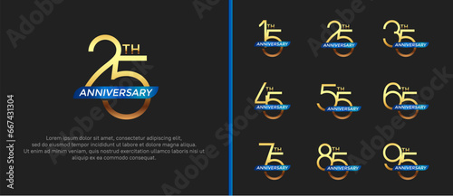 set of anniversary logo gold color and blue ribbon on black background for celebration moment