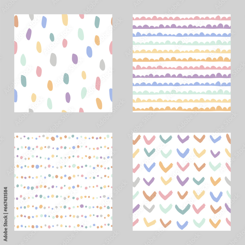 Set of 4 seamless abstract patterns in pastel rainbow colors. Repeat patterns with hand drawn abstract shapes and brushstrokes. Set of 4 seamless abstract patterns in pastel rainbow colors. Repeat patterns with hand drawn abstract shapes and brushstrokes.