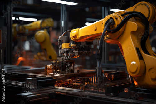 Modern factory using robotic arm works welding in the industrial mega factory, artificial intelligence and innovative technology, AI industry