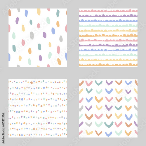 Set of 4 seamless abstract patterns in pastel rainbow colors. Repeat patterns with hand drawn abstract shapes and brushstrokes.