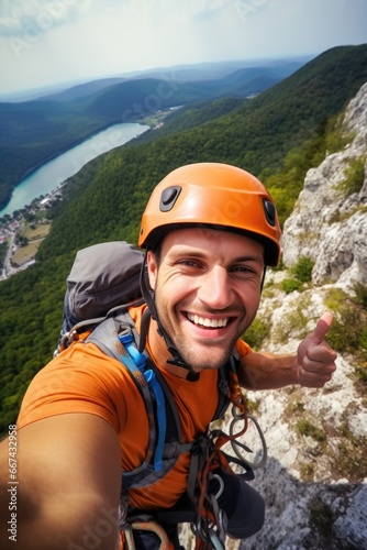 Picture of healthy young man taking a selfie portrait while climbing and thumbs up. Young man travelling and feels happy.