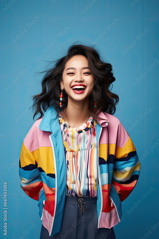 Young, attractive and fashionable asian woman posing in happy mood isolated on blue background Young, attractive and fashionable asian woman posing in happy mood isolated on blue background