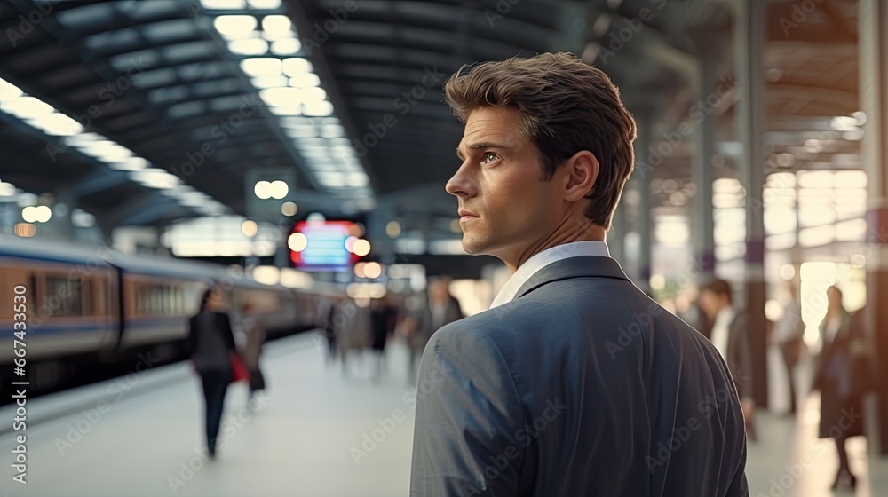 Young and handsome businessman standing at the train station for businesstrip.
