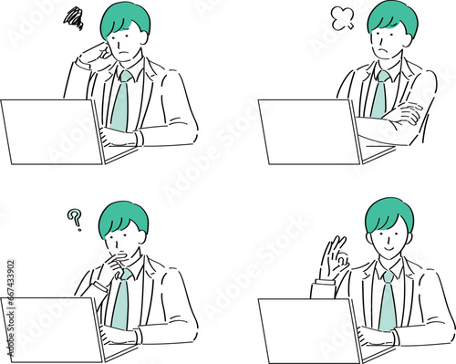 PCを操作する色々な表情の男性医師