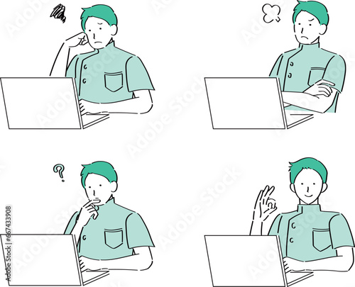 PCを操作する色々な表情の男性医師・看護師