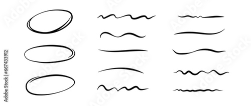 Smooth highlight lines and circles set. Doodle ellipses and wave strokes collection. Black underline curve wiggles and ovals. Vector handdrawn emphasis elements for poster, banner, decoration, collage