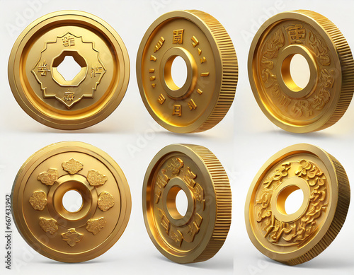 3D Gold Chinese coin set at different rotation angles. Ancient Chinese money. Golden asian coins with hole. All rotation view. Cartoon creative design icon isolated on white background. 3D Rendering