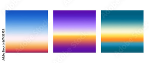 Early sunrise or late sunset colorful gradients background set. Smooth blurred wallpaper set in yellow, blue, green, purple colors. Abstract night or evening sky horizon backdrop. Vector illustration