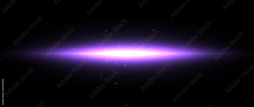 Neon shine effect. Purple light solar light glare concept. Abstract glowing element in dark space. Glow with sparks illustration. Vector design shape for poster, banner, cover, brochure, booklet