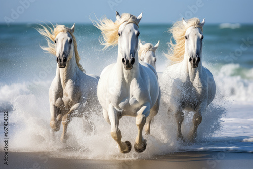 white horse runs gallop on the beach © Kien