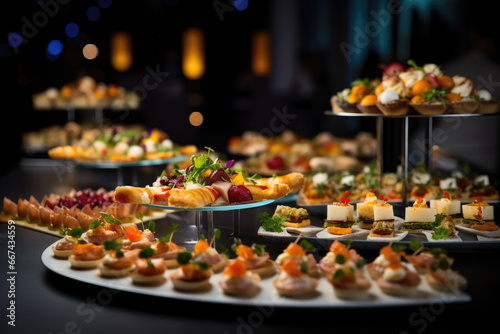 Buffet food, catering food party at restaurant, mini canapes, snacks and appetizers photo