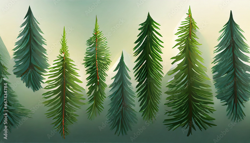 3d render, Modern spruce twigs set, coniferous clip art collection, Christmas tree elements, isolated on white background