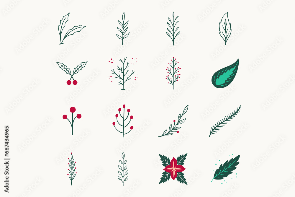 christmas decoration elements vector design foliage, floral, mistletoe, poinsettia, etc