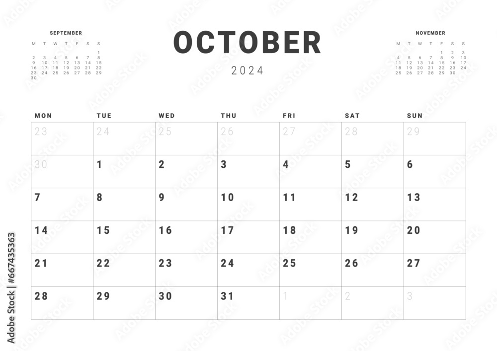 Monthly page Calendar Planner Templates of October 2024. Vector layout of simple calendar with week start Monday for print. Page for size A4 or 21x29.7 cm Monthly page Calendar Planner Templates of October 2024. Vector layout of simple calendar with week start Monday for print. Page for size A4 or 21x29.7 cm