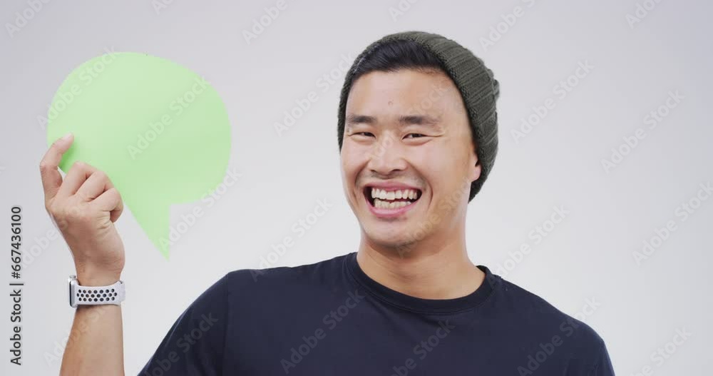 Man, speech bubble and chat poster for education forum, language and translation FAQ on a white background. Face, smile and excited asian student with voice mockup, quote and social media in studio Man, speech bubble and chat poster for education forum, language and translation FAQ on a white background. Face, smile and excited asian student with voice mockup, quote and social media in studio