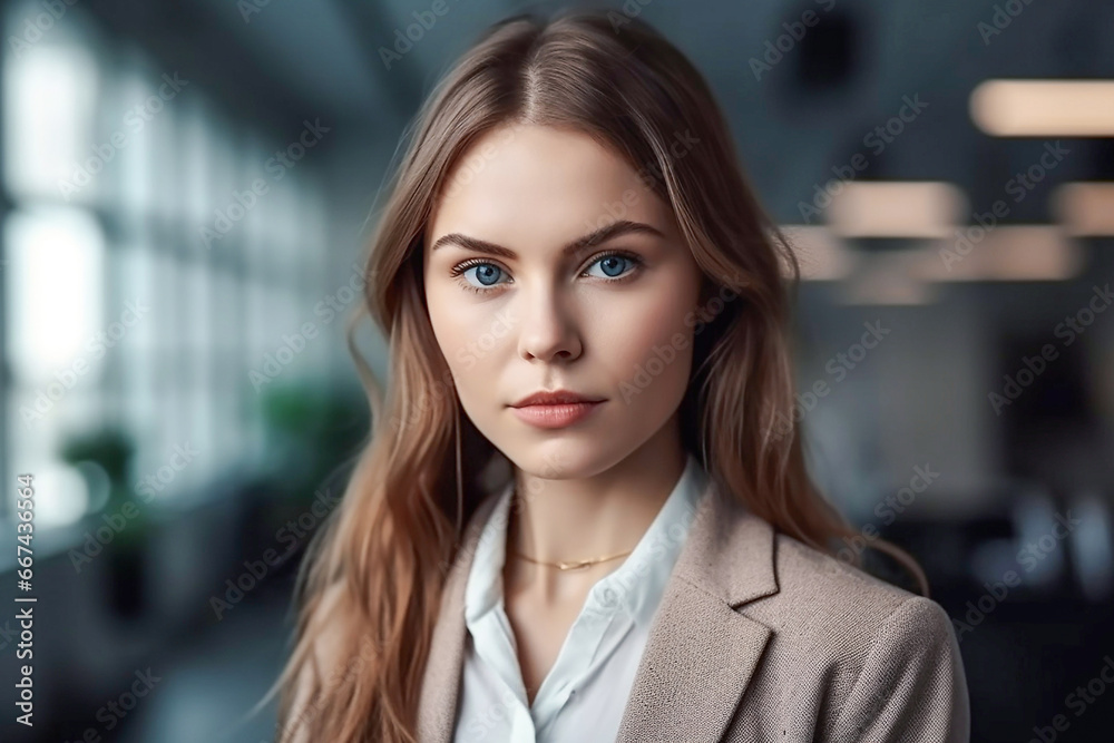 Naklejka premium Portrait of young woman with long hair in shirt against the background of the office.