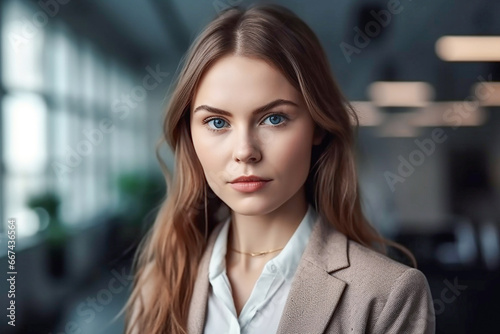 Portrait of young woman with long hair in shirt against the background of the office.