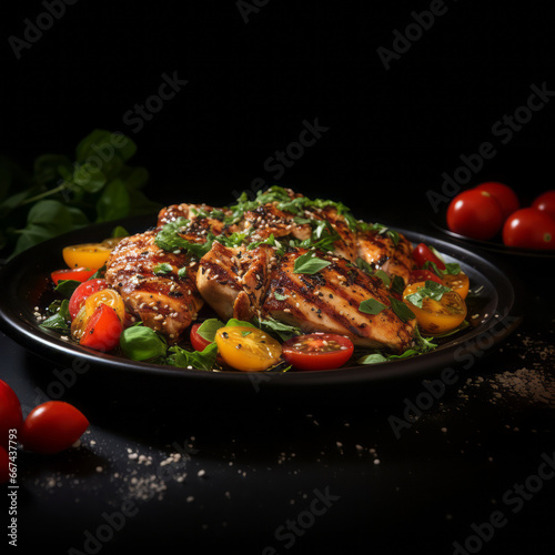 Grilled chicken, fresh tomatoes and seeds on a black table, arabesque style, high quality photo.