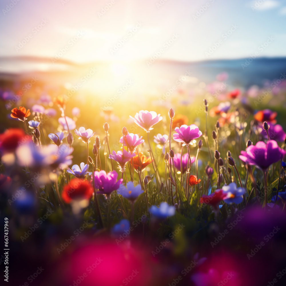 Spring and summer lawn flowers, dreamlike scenery, lens flare.