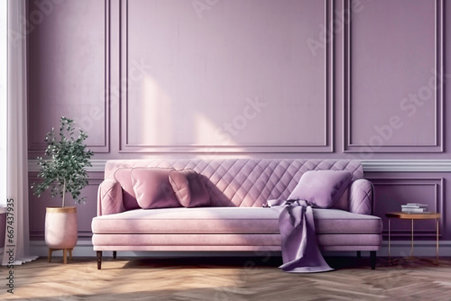 Soft sofa on a background of purple wall front view  concept of modern minimalist interior.