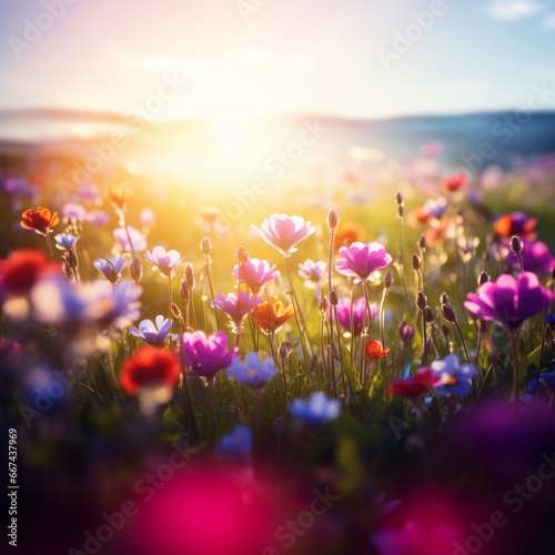 Spring and summer lawn flowers, dreamlike scenery, lens flare.