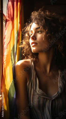 A young woman gazing out of her window with a rainbow flag in the background, created in a style featuring moody and evocative color palettes, close-up shots