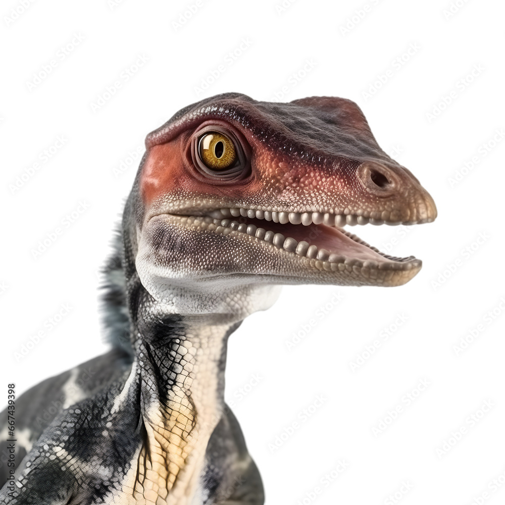 Obraz premium close up of portrait of velociraptor dinosaur isolated on transparent background.