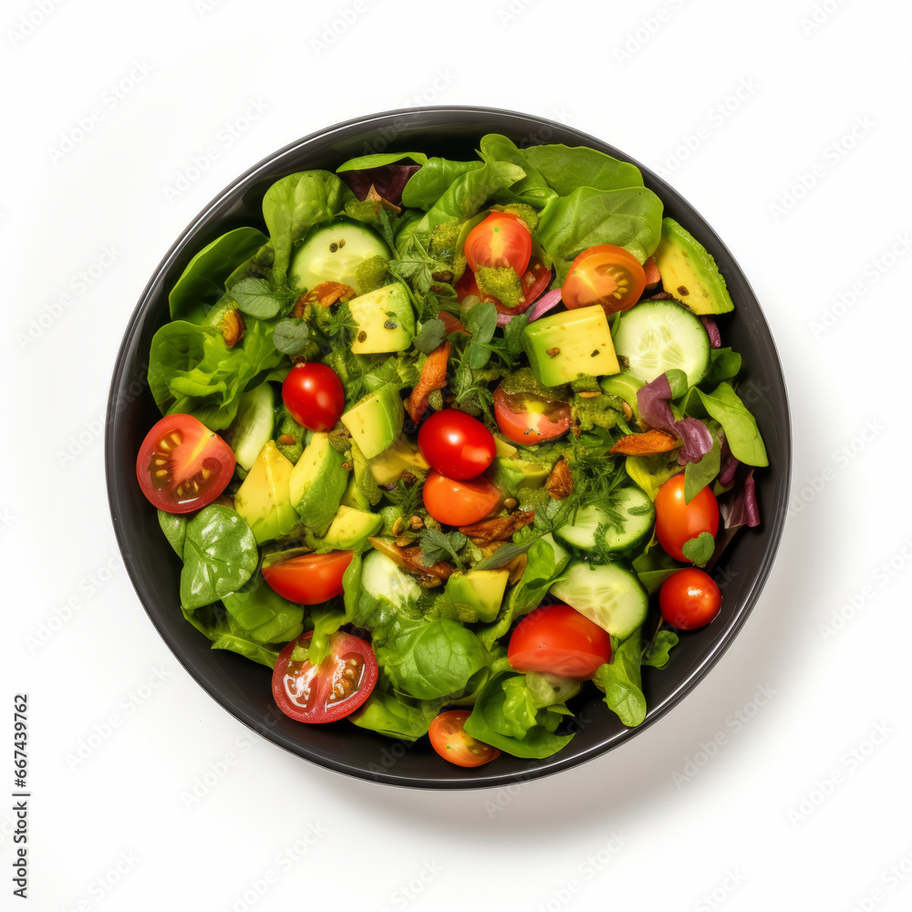 Healthy salad bowl of fresh vegetables, avocado tomato cucumber. overhead view on a plain background