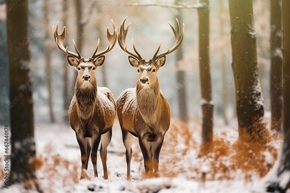 Two majestic reindeer or caribou standing together in the deep arctic winter pine forest with snowflakes. Generative AI. Two majestic reindeer or caribou standing together in the deep arctic winter pine forest with snowflakes. Generative AI.