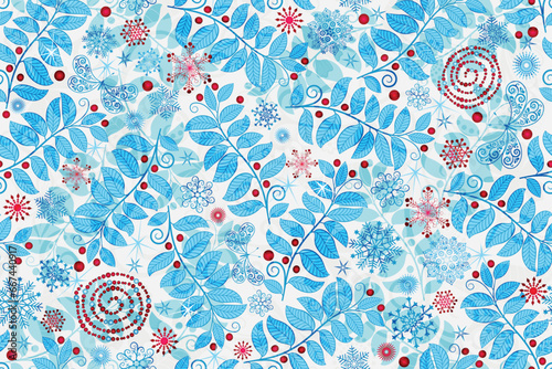 Vector Christmas seamless pattern with snowflakes, leaves, berries, stars and butterflies