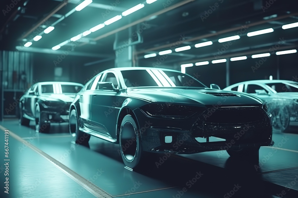 Fototapeta premium Car bodies are on assembly line. Factory for production of cars. Modern automotive industry. A car being checked before being painted in a high-tech enterprise 