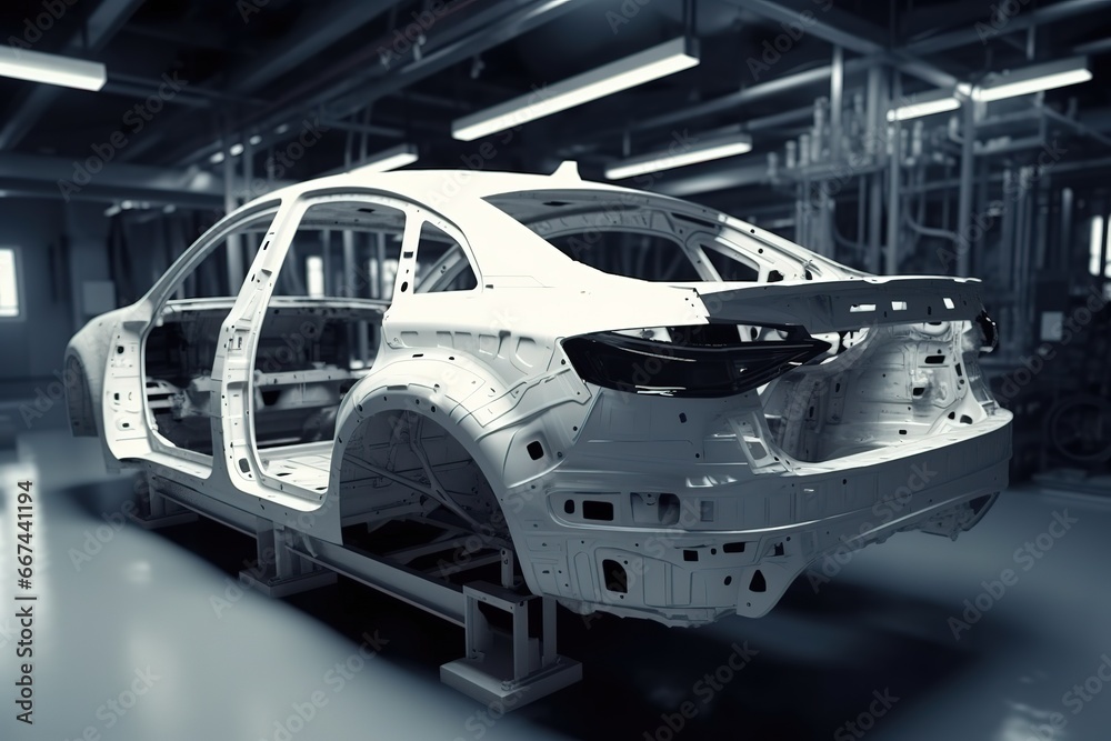 Car bodies are on assembly line. Factory for production of cars. Modern automotive industry. A car being checked before being painted in a high-tech enterprise
