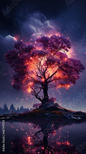 Ethereal Twilight: A Mystical Tree Under a Starry Sky,tree in the night © Moon