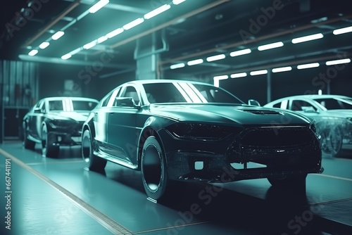 Car bodies are on assembly line. Factory for production of cars. Modern automotive industry. A car being checked before being painted in a high-tech enterprise 