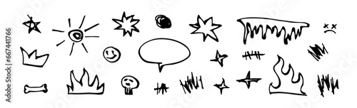 Various tattoo sketch doodle. Hand drawn ink cartoon sribbles in ignorant, grunge style. Rough star, skull, bone, fire, sun, smiley. (Full Vector)