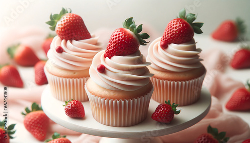 Photo capturing a selection of cupcakes, each topped with smooth buttercream frosting and adorned with a fresh strawberry photo