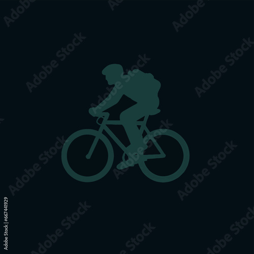 Green cyclist silhouette on dark background. Rider pedals bike swiftly, focused on the path ahead.