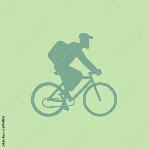 Green cyclist silhouette on light background. Man rides bike with cap, showing active lifestyle and outdoor enjoyment.