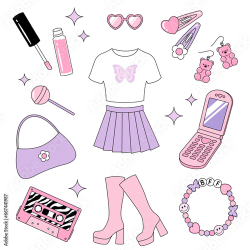 a set of Y2K or 90s style cute clothes and accessories for banners, cards, flyers, social media wallpapers, etc.