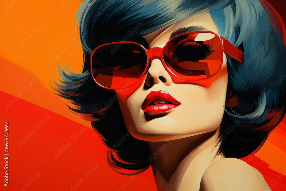 Beautiful female retro fashion model pop art, realistic illustration on a vibrant colourful background. Fashion Poster Girl