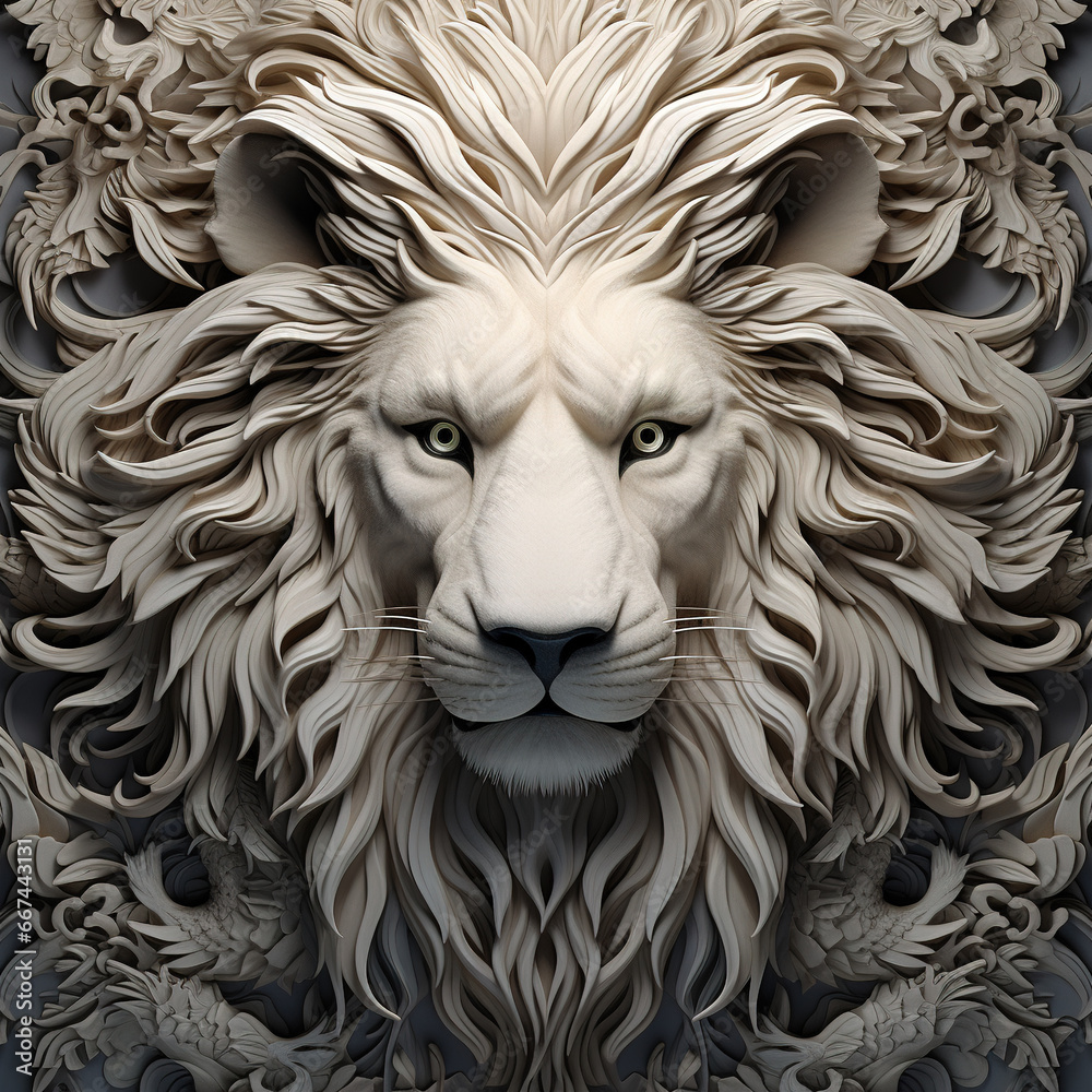 Image of a lion face that is intricately crafted in three dimensions. Wildlife Animals.