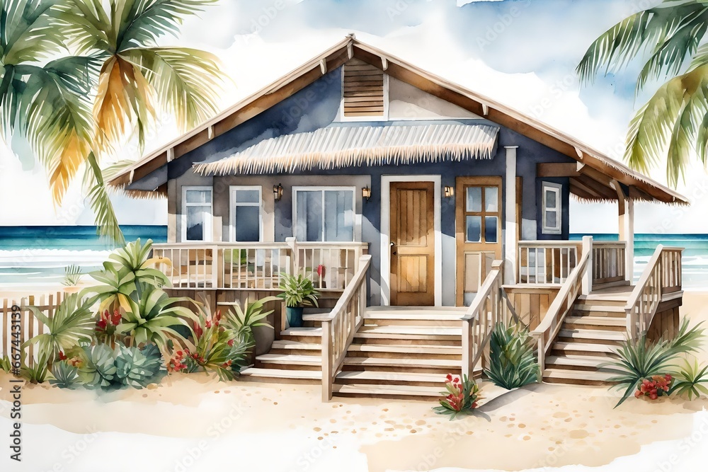 Illustration of a beach bungalow in watercolor on a white backdrop.