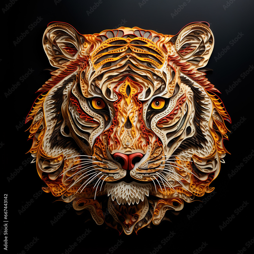 Image of a tiger's face that is intricately crafted in three dimensions. Wildlife Animals. Image of a tiger's face that is intricately crafted in three dimensions. Wildlife Animals.