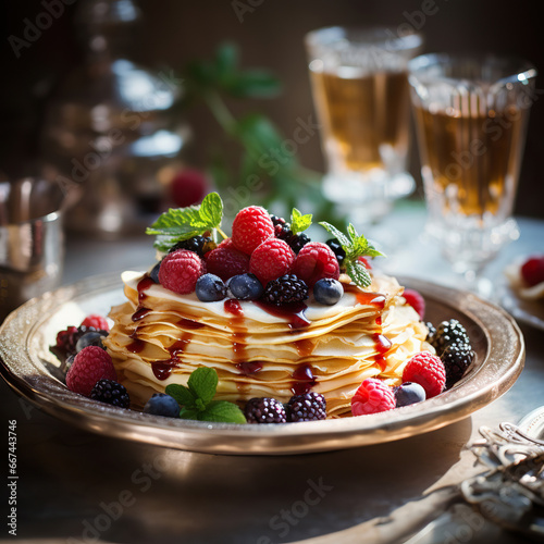 pie with berries,Decadent Pancake Stack with Berries and Syrup