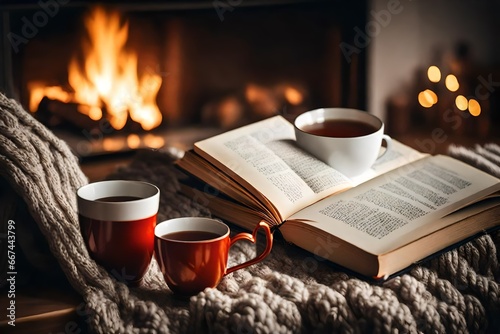 Hygge concept with open book and cup of tea near burning fireplace
