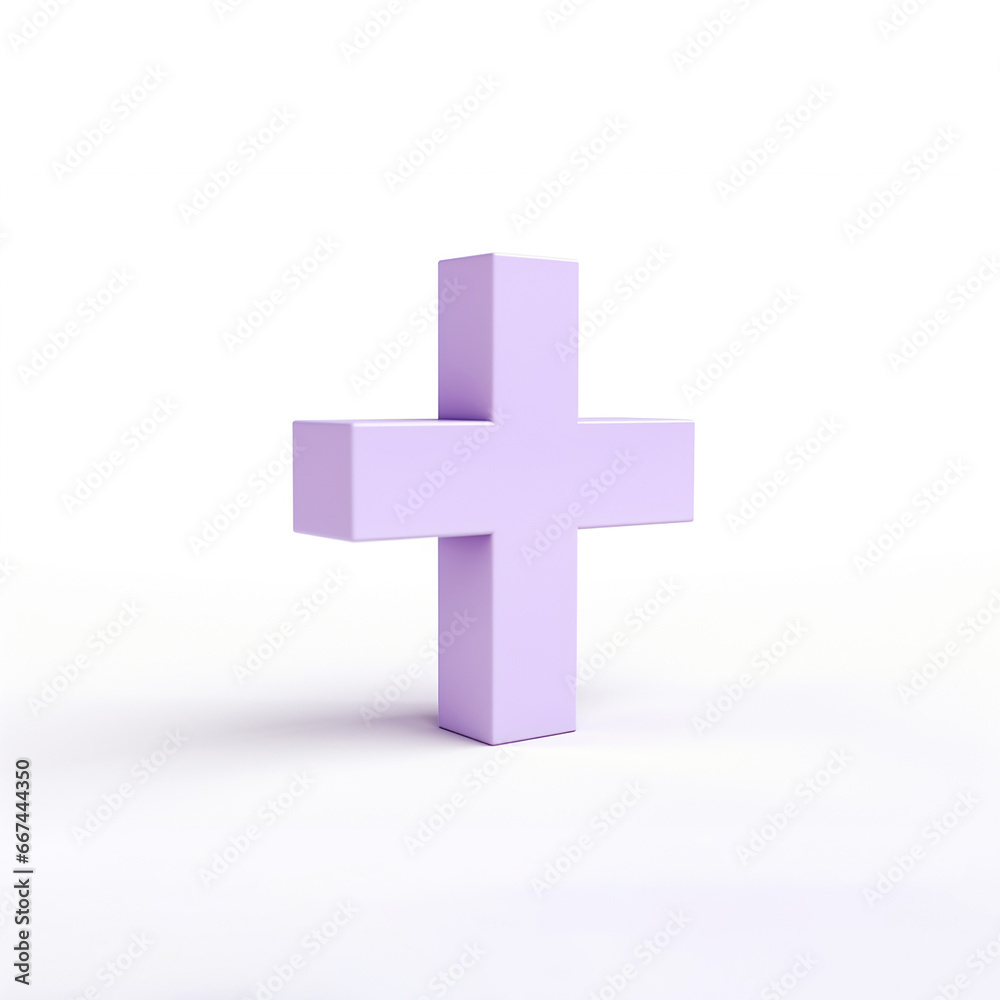 Obraz premium The model of light purple shiny cross or plus symbol isolated on the simple bright solid background. Generative AI.